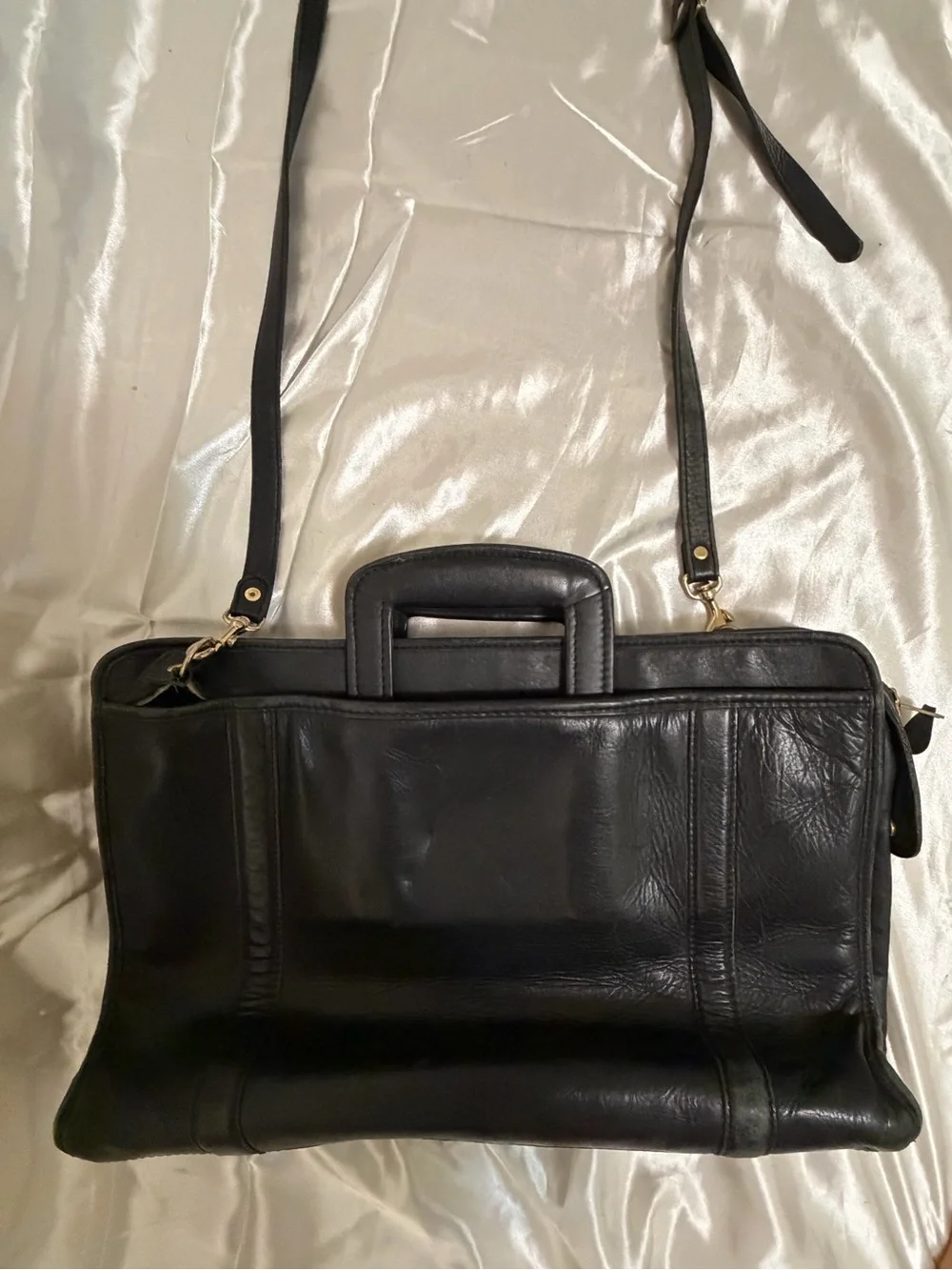Vintage Black Genuine Leather Briefcase / Laptop Messenger Bag Shoulder Strap